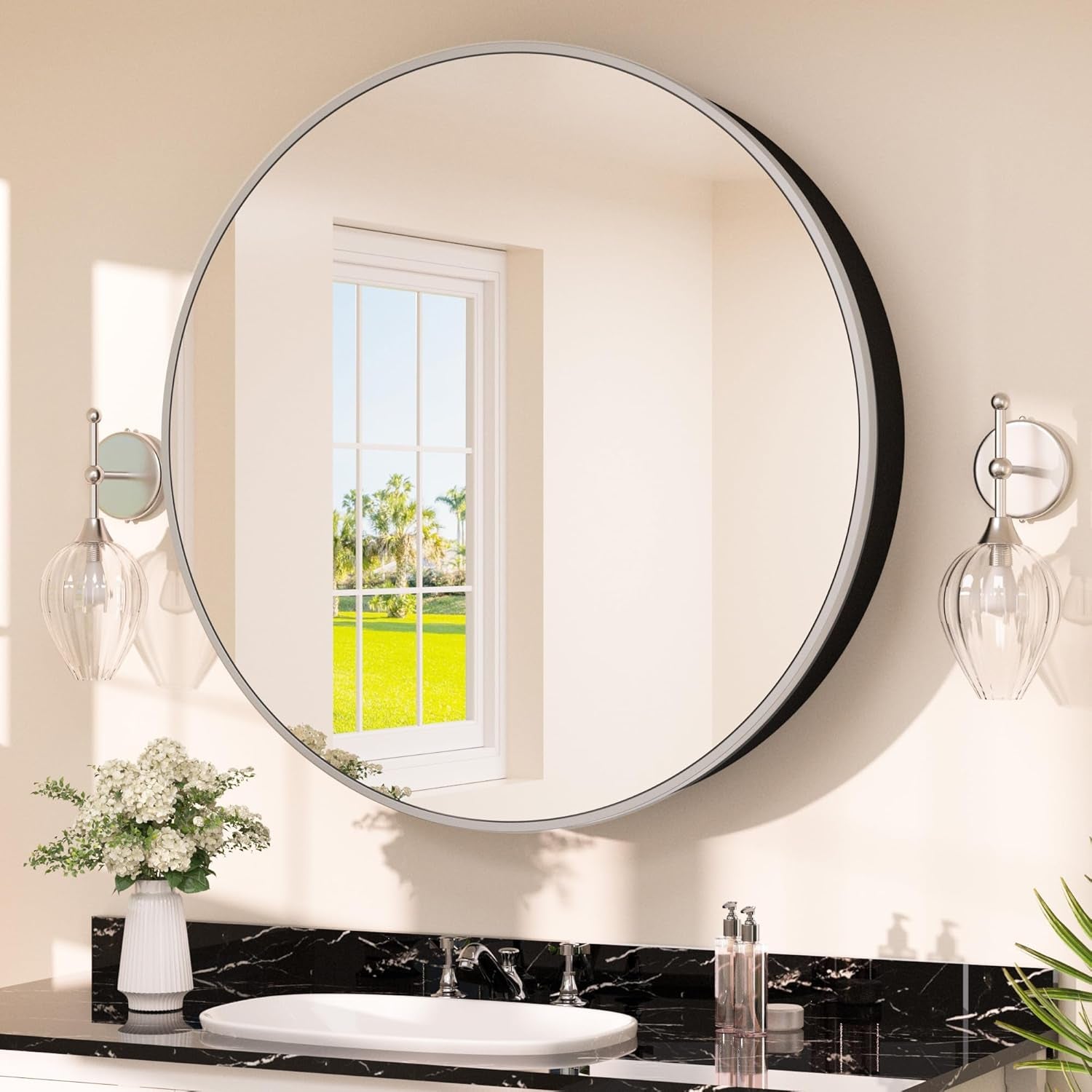 Round Bathroom Medicine Cabinet with Mirror Surface Mount Only Circular Metal Framed Farmhouse Black Medicine Cabinets for Wall Small Circle Mirrored Bath Cabinet with Vanity Mirror