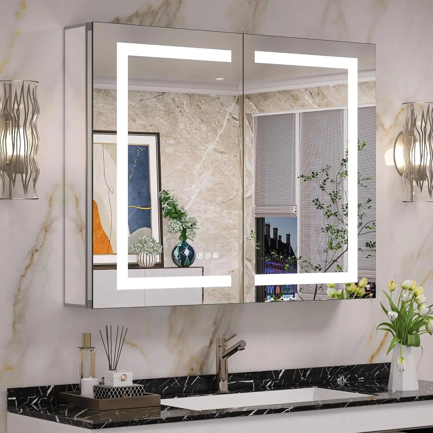 Recessed Medicine Cabinet with Lights 3 Colors Dimmable, Led Medicine Cabinet Mirror with Outlet and Defogger,2-Side Front Lit Bathroom Vanity,Restroom Mirror with Storage