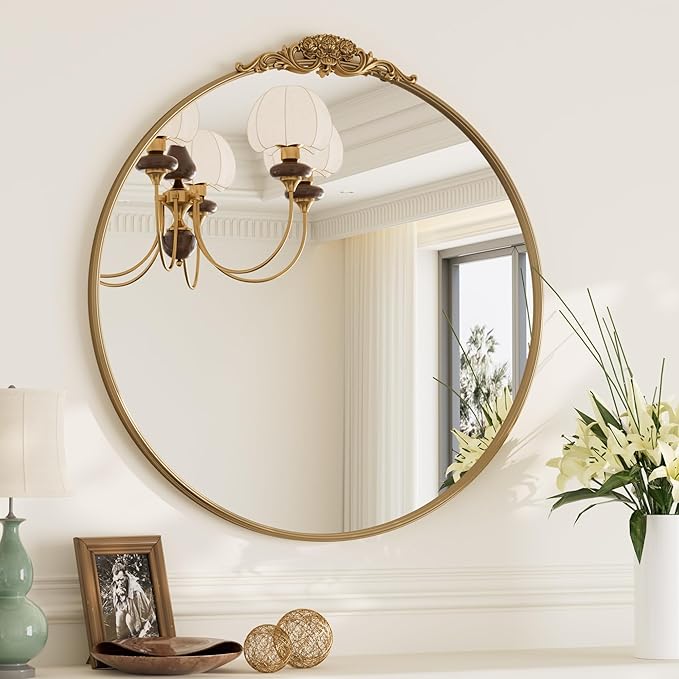 Vintage Gold Round Mirror with Metal Frame – Antique Wall-Mounted Vanity Mirror for Bedroom, Bathroom, or Fireplace, Baroque Style with French Cleat Mounting for Elegant Home Décor