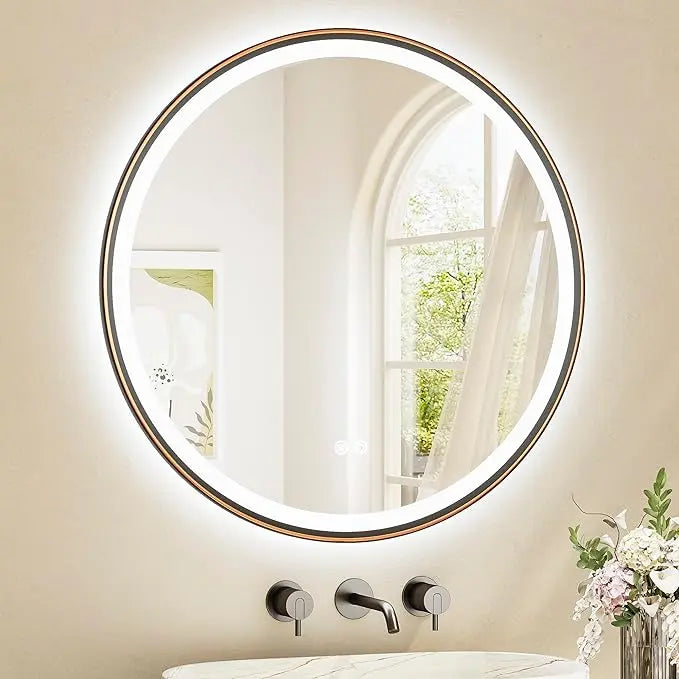 Round LED Mirror, Metal Framed Round Circle Lighted Bathroom Vanity Mirror Wall Mounted, Front and Backlit 3 Color Stepless Dimmable Anti Fog, Shatterproof, CRI 90+