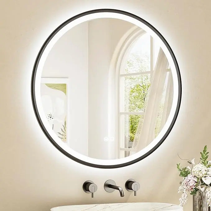 Round LED Mirror, Metal Framed Round Circle Lighted Bathroom Vanity Mirror Wall Mounted, Front and Backlit 3 Color Stepless Dimmable Anti Fog, Shatterproof, CRI 90+