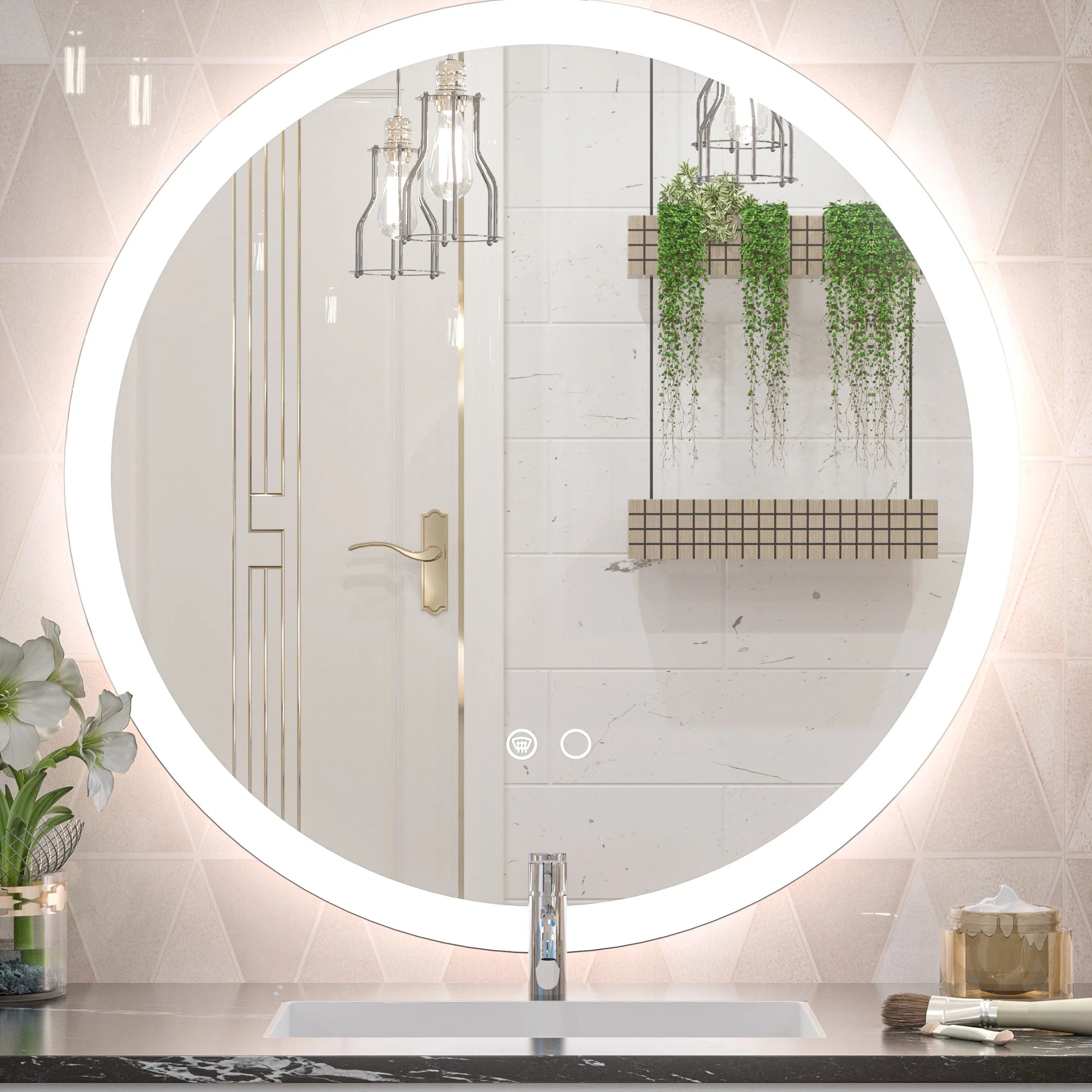 LED Round Vanity Mirror LED Front Lights Mirror Bathroom Vanity Lighted Mirror Dimmable Circle Mirror with Lights Wall Mounted Modern Makeup Mirror Anti-Fog, CRI 90+