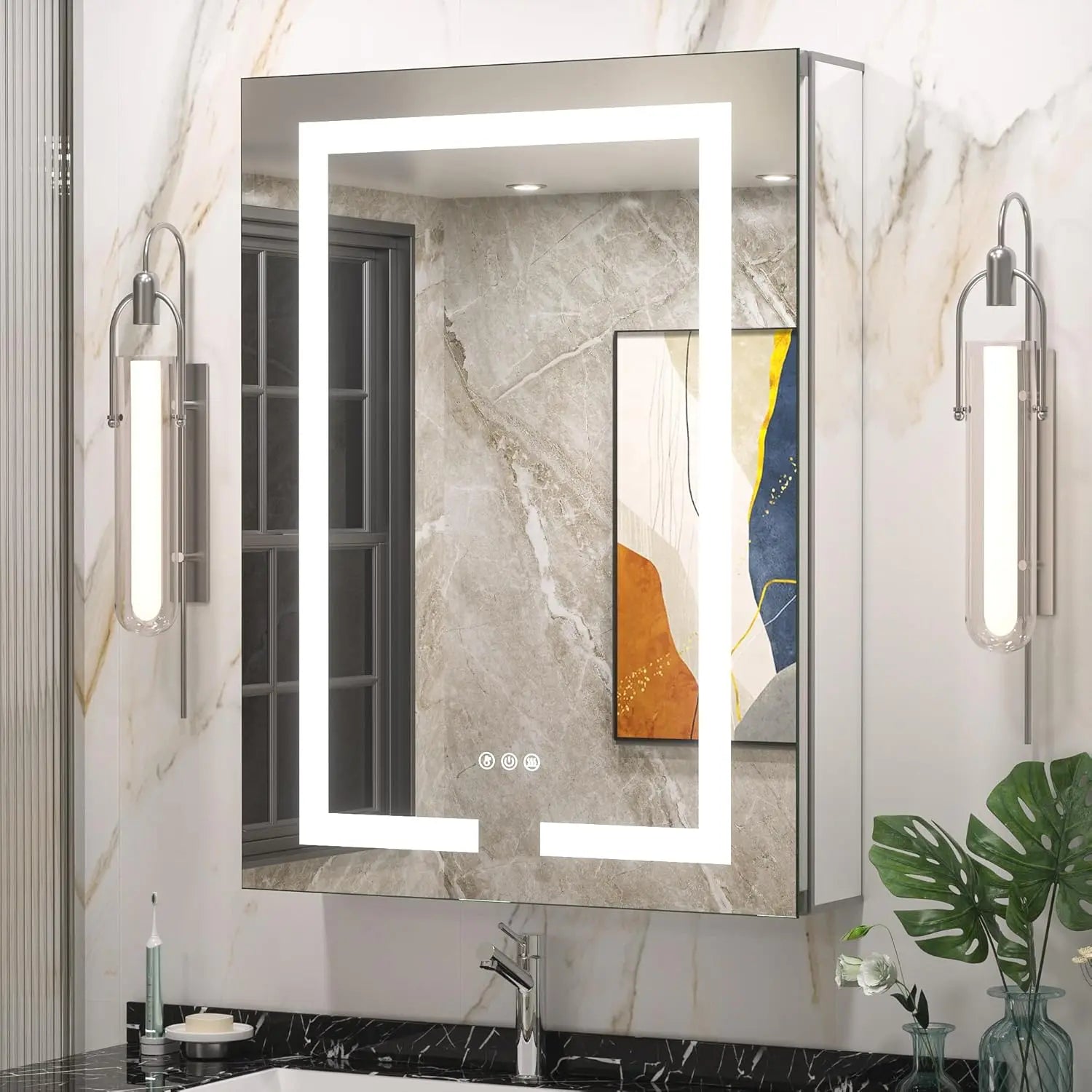 Recessed Medicine Cabinet with Lights 3 Colors Dimmable, Led Medicine Cabinet Mirror with Outlet and Defogger,2-Side Front Lit Bathroom Vanity,Restroom Mirror with Storage