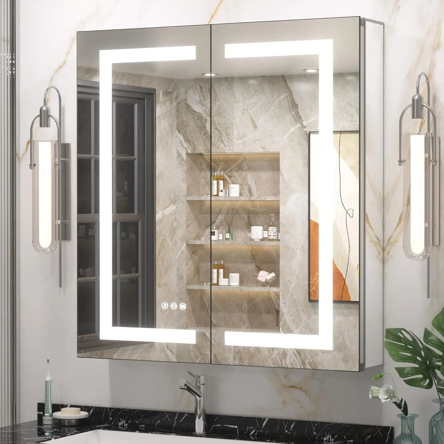 Recessed Medicine Cabinet with Lights 3 Colors Dimmable, Led Medicine Cabinet Mirror with Outlet and Defogger,2-Side Front Lit Bathroom Vanity,Restroom Mirror with Storage