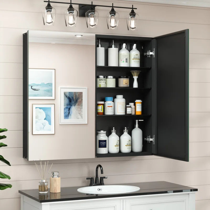 Medicine Cabinet Mirror with Storage – Tempered Glass, Aluminum Frame, Surface Mount or Recessed, Adjustable Shelves – Silver Bathroom Vanity Cabinet for Modern Farmhouse Decor