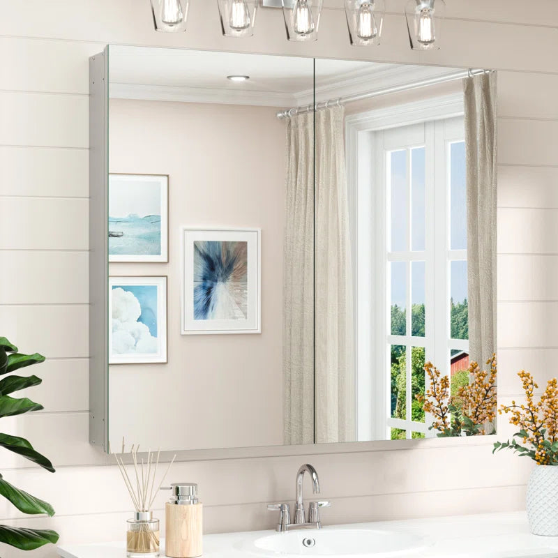 Medicine Cabinet Mirror with Storage – Tempered Glass, Aluminum Frame, Surface Mount or Recessed, Adjustable Shelves – Silver Bathroom Vanity Cabinet for Modern Farmhouse Decor