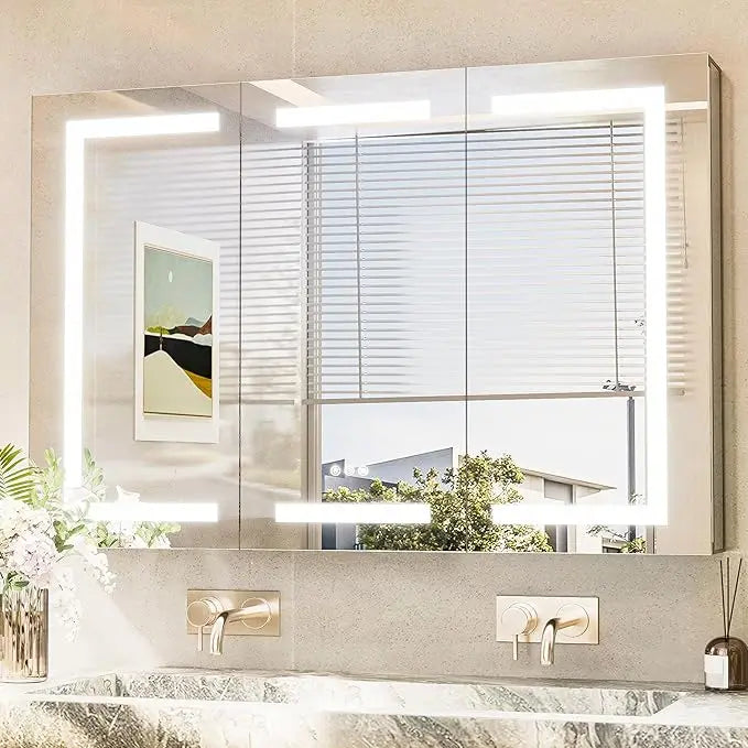 Recessed Medicine Cabinet with Lights 3 Colors Dimmable, Led Medicine Cabinet Mirror with Outlet and Defogger,2-Side Front Lit Bathroom Vanity,Restroom Mirror with Storage