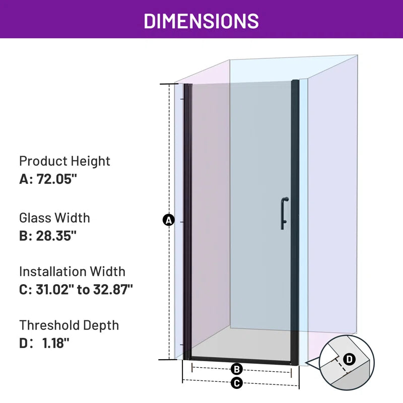 Pivot Frameless Glass Shower Door – Modern Clear Glass Bathroom Shower Entry with Reversible Opening, Sleek Handle, and Minimalist Style, Easy to Install and Space-Saving Design