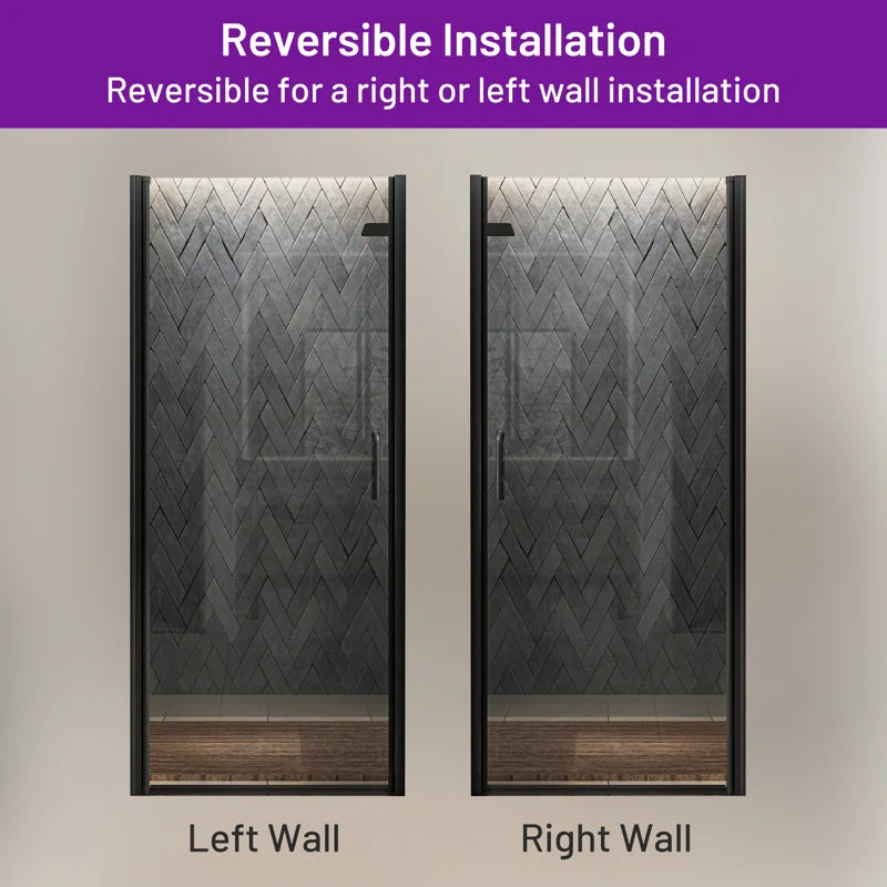 Pivot Frameless Glass Shower Door – Modern Clear Glass Bathroom Shower Entry with Reversible Opening, Sleek Handle, and Minimalist Style, Easy to Install and Space-Saving Design