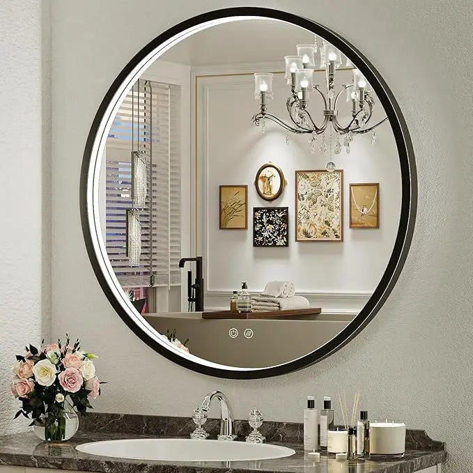 Round LED Mirror for Bathroom, Restroom and Vanity with Lights 3000K/4500K/6000K, Metal Framed Frontlighted Vanity Mirror Wall Mounted, Dimmable Makeup Mirror Touch Switch UL Listed CRI≥90