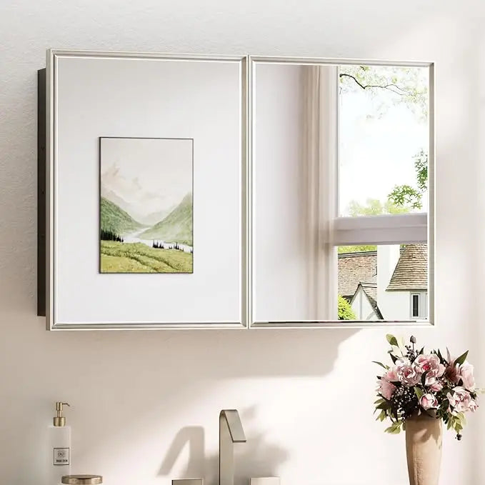Wall Mounted Medicine Cabinet with Mirror – Aluminum Alloy Framed Bathroom Storage Cabinet with Beveled Mirrored Door, Modern Design for Vanity, Organized and Space-Saving Solution