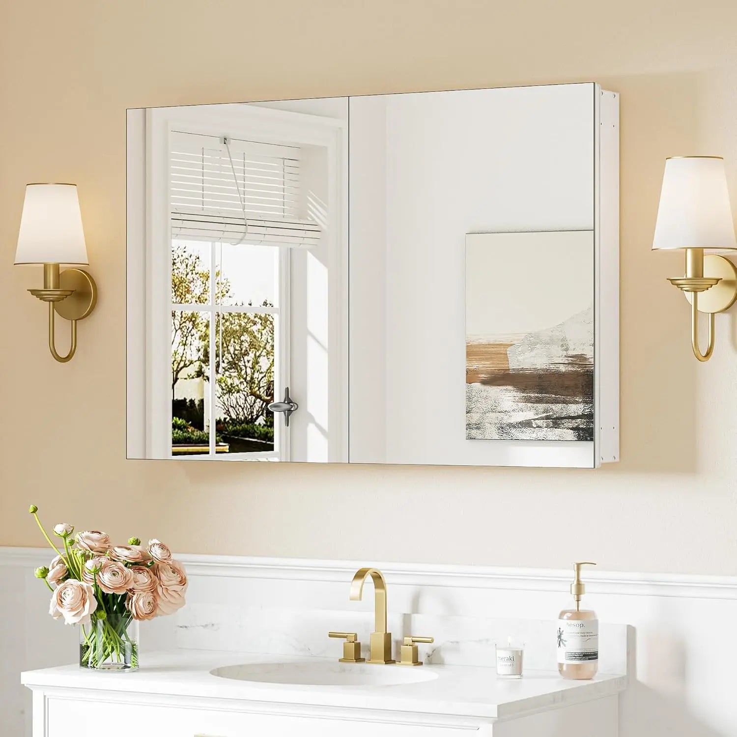 Medicine Cabinet Mirror with Storage – Tempered Glass, Aluminum Frame, Surface Mount or Recessed, Adjustable Shelves – Silver Bathroom Vanity Cabinet for Modern Farmhouse Decor