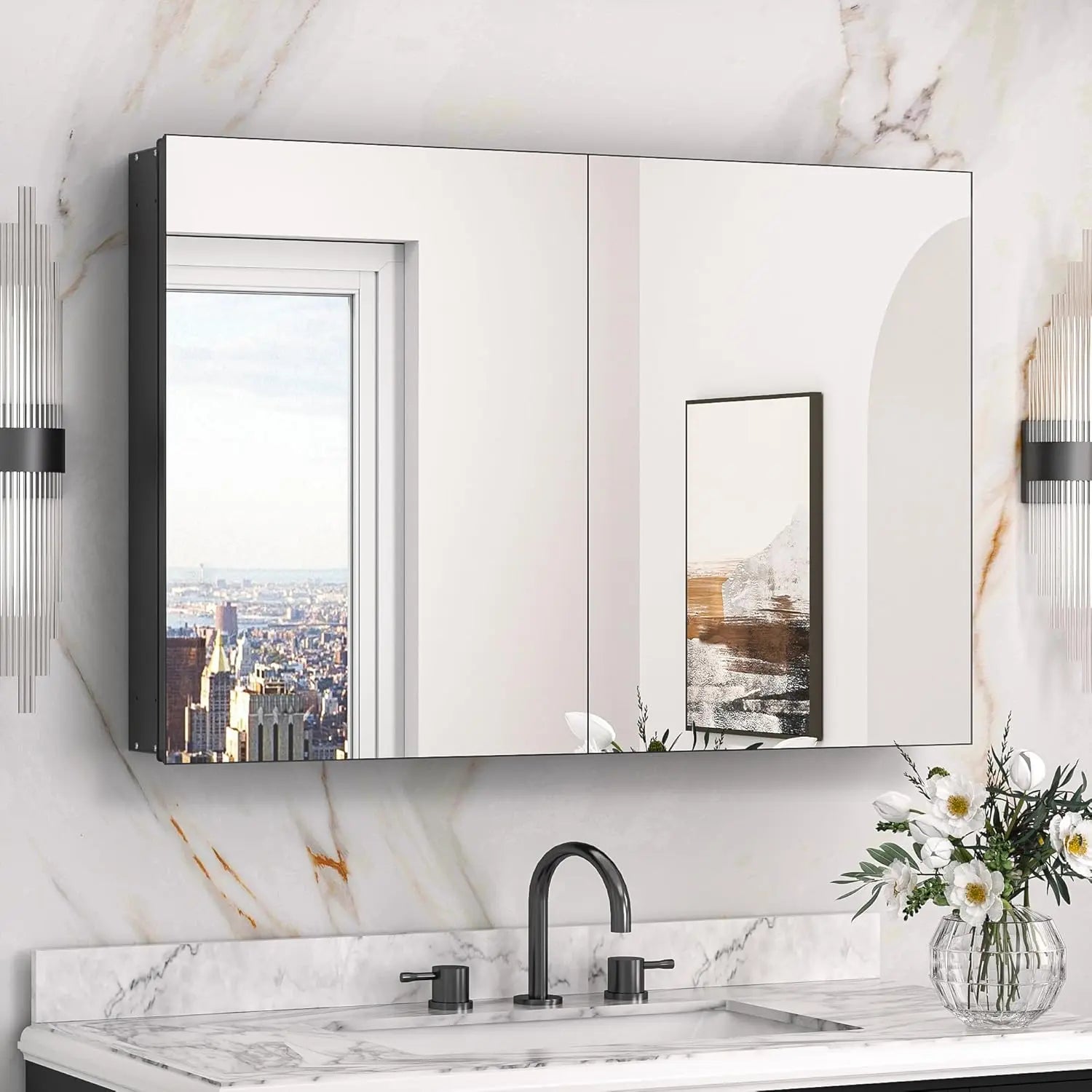 Medicine Cabinet Mirror with Storage – Tempered Glass, Aluminum Frame, Surface Mount or Recessed, Adjustable Shelves – Silver Bathroom Vanity Cabinet for Modern Farmhouse Decor