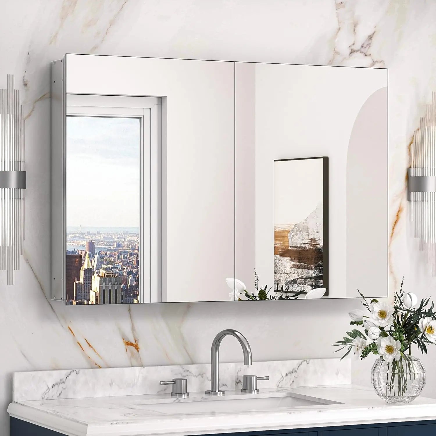 Medicine Cabinet Mirror with Storage – Tempered Glass, Aluminum Frame, Surface Mount or Recessed, Adjustable Shelves – Silver Bathroom Vanity Cabinet for Modern Farmhouse Decor