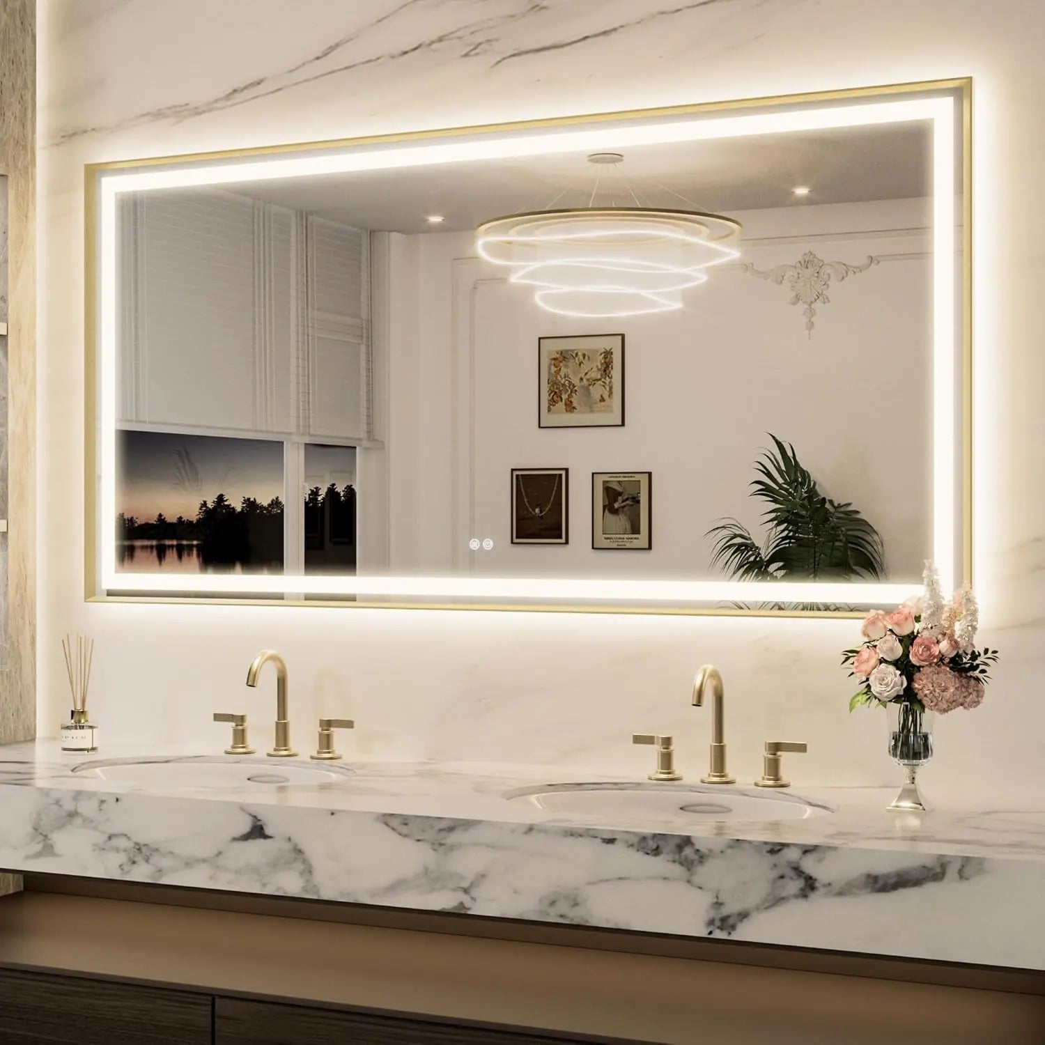 Bathroom Vanity LED Mirror  Frame Frontlit & Backlit Vanity Mirror Anti-Fog Stepless Dimmable 3 Colors White/Warm/Natural Mirror with Lights Wall-Mounted