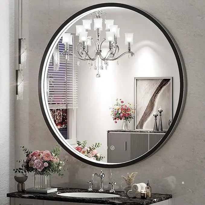 Round LED Mirror for Bathroom, Restroom and Vanity with Lights 3000K/4500K/6000K, Metal Framed Frontlighted Vanity Mirror Wall Mounted, Dimmable Makeup Mirror Touch Switch UL Listed CRI≥90