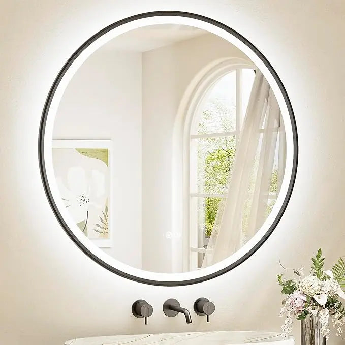 Round LED Mirror, Metal Framed Round Circle Lighted Bathroom Vanity Mirror Wall Mounted, Front and Backlit 3 Color Stepless Dimmable Anti Fog, Shatterproof, CRI 90+