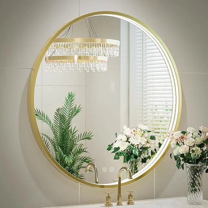 Round LED Mirror for Bathroom, Restroom and Vanity with Lights 3000K/4500K/6000K, Metal Framed Frontlighted Vanity Mirror Wall Mounted, Dimmable Makeup Mirror Touch Switch UL Listed CRI≥90