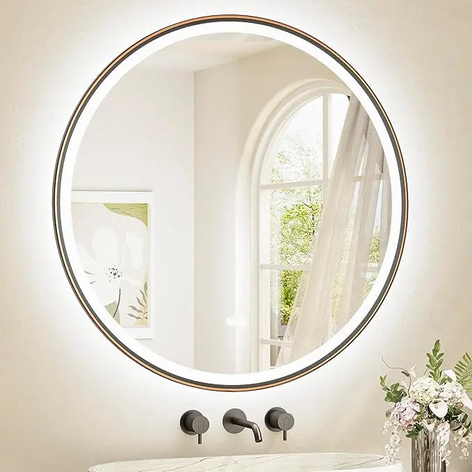 Round LED Mirror, Metal Framed Round Circle Lighted Bathroom Vanity Mirror Wall Mounted, Front and Backlit 3 Color Stepless Dimmable Anti Fog, Shatterproof, CRI 90+