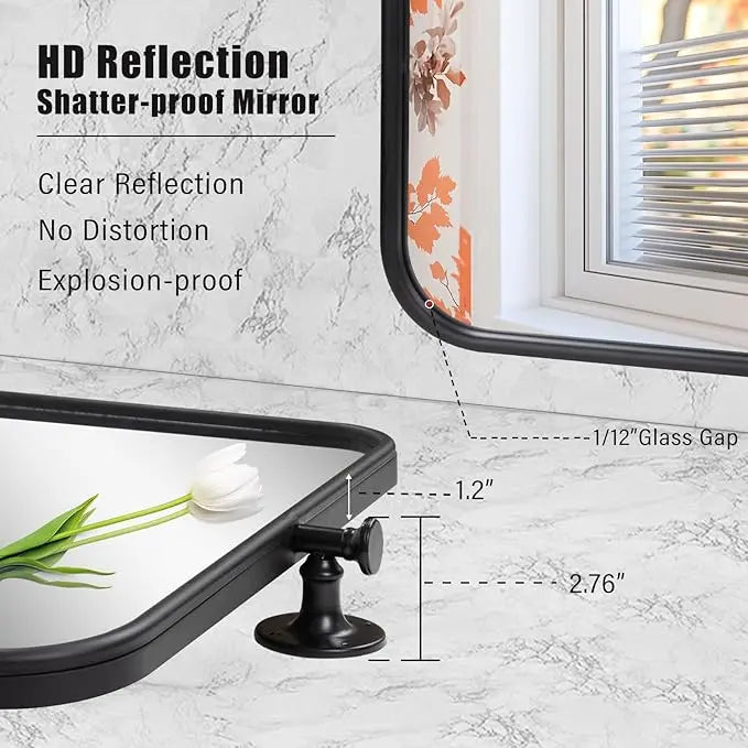 Pivot Rectangular Vanity Mirror – Metal Framed Wall Mirror with Beveled Edges and Rounded Corners, Modern Farmhouse Style, Adjustable Design, Horizontal or Vertical Mount