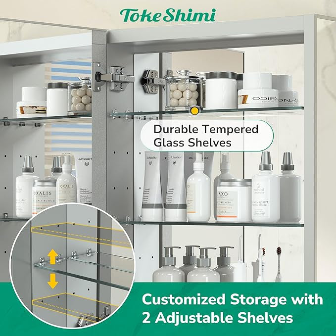 TokeShimi  Aluminum Medicine Cabinet with Mirror | Recessed or Surface Mount | Adjustable Tempered Glass Shelves | Modern Bathroom Storage Cabinet