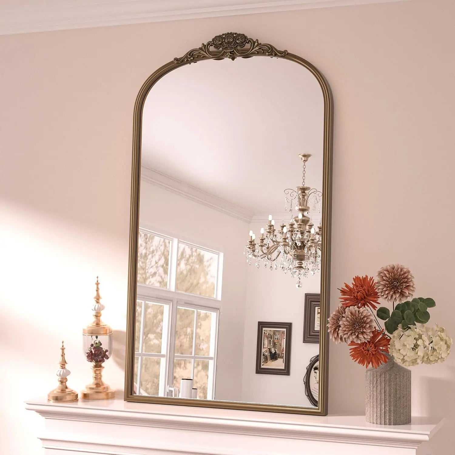 Vintage Arched Mirror – Ornate Baroque Decorative Wall Mirror for Bathroom, Mantle, Entryway, or Living Room, Antique Brass Finish with French Cleat Mounting for Easy Installation