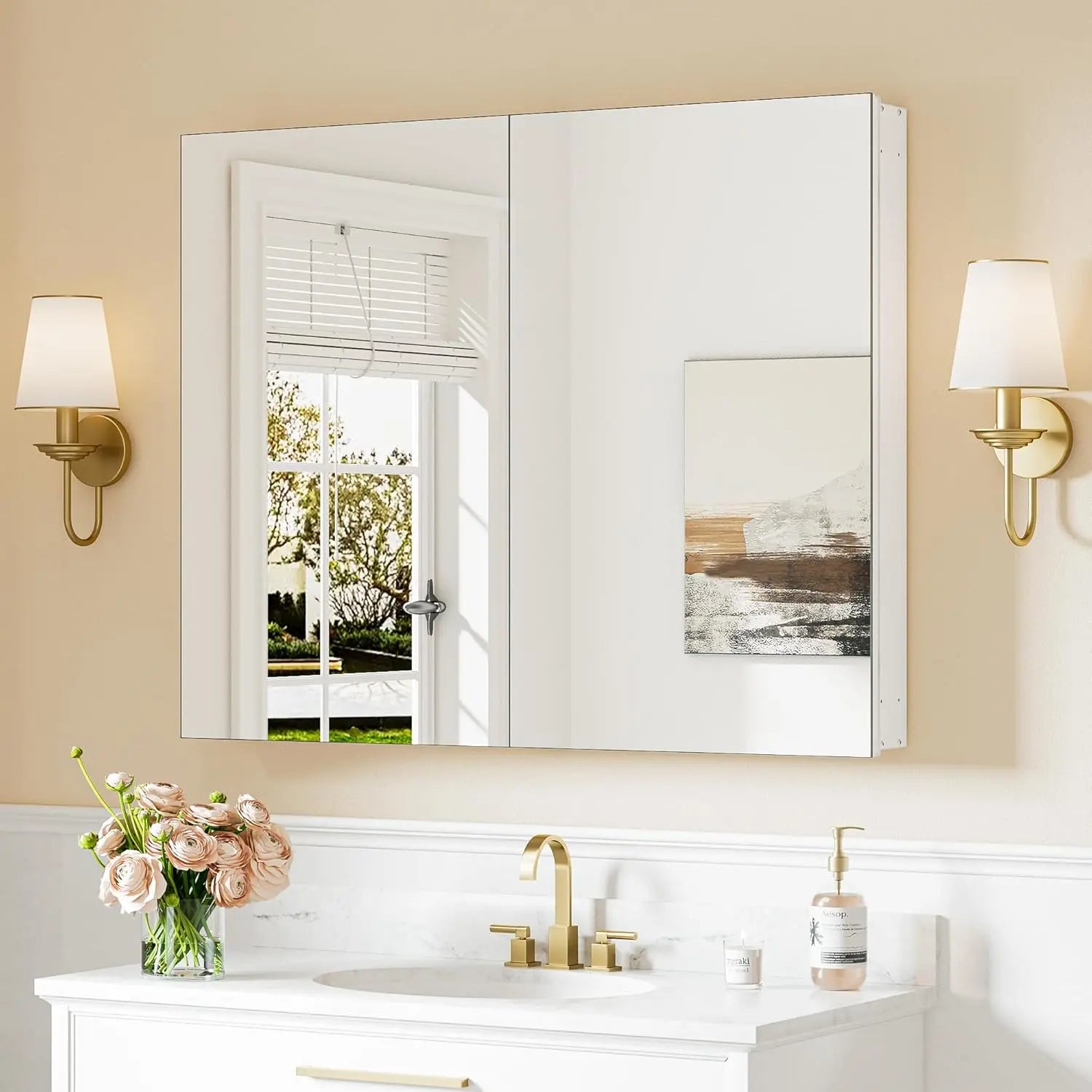 Medicine Cabinet Mirror with Storage – Tempered Glass, Aluminum Frame, Surface Mount or Recessed, Adjustable Shelves – Silver Bathroom Vanity Cabinet for Modern Farmhouse Decor