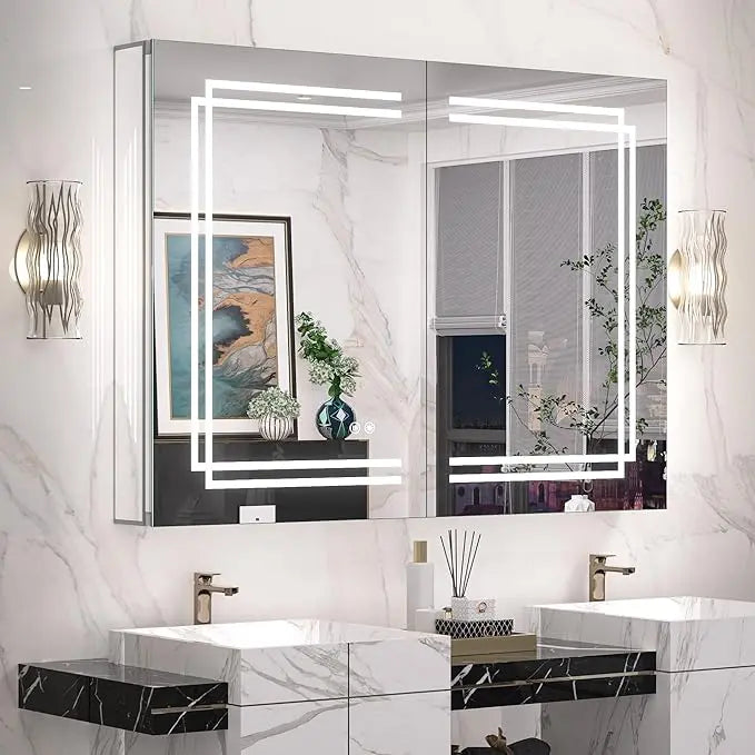 Medicine Cabinet Mirrored, Anti-Fog Tempered Bathroom Vanity LED Mirror with Storage 3 Color Stepless Dimming, CRI 80+, Memory Funtion, Surface Mount Medicine Cabinet with Light