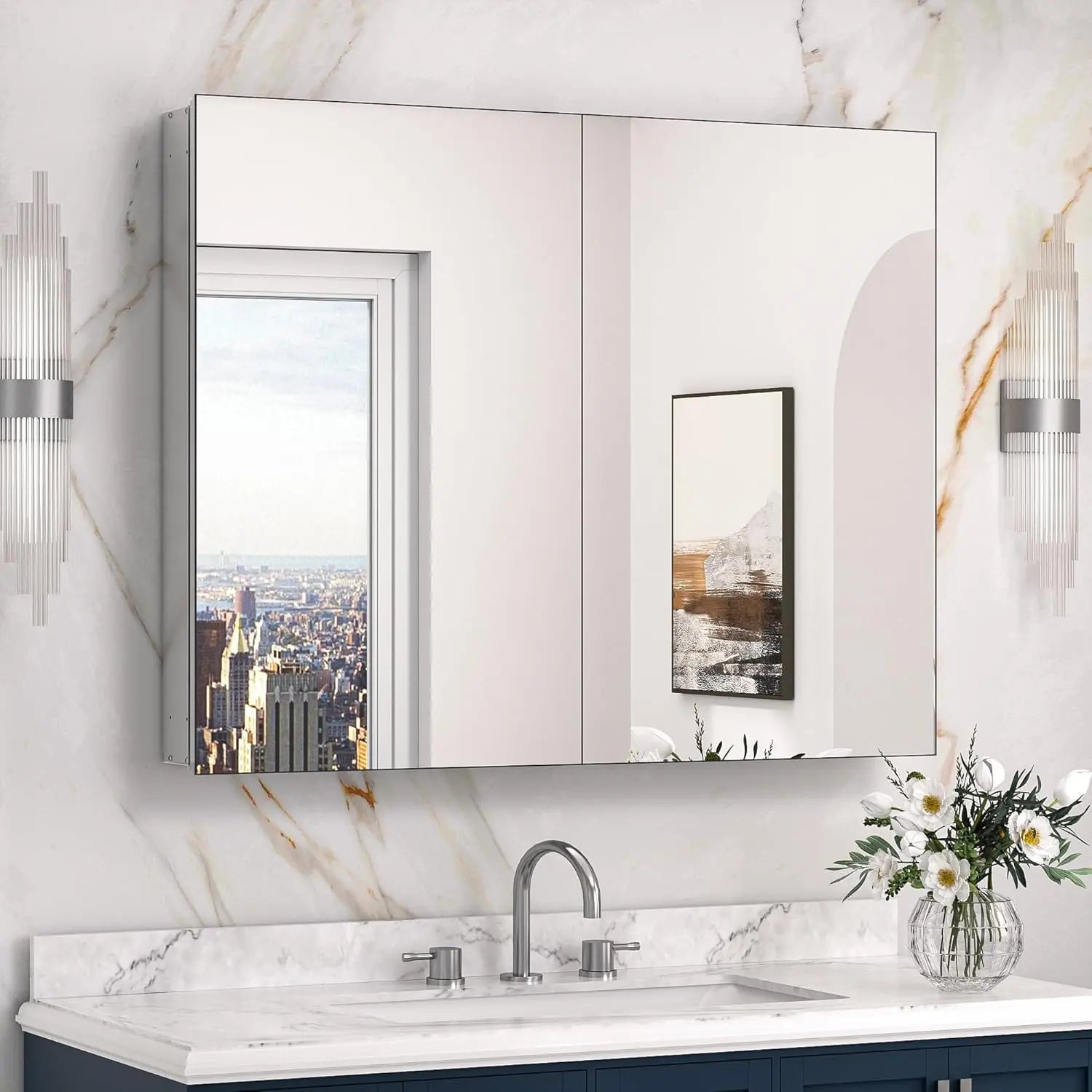 Medicine Cabinet Mirror with Storage – Tempered Glass, Aluminum Frame, Surface Mount or Recessed, Adjustable Shelves – Silver Bathroom Vanity Cabinet for Modern Farmhouse Decor