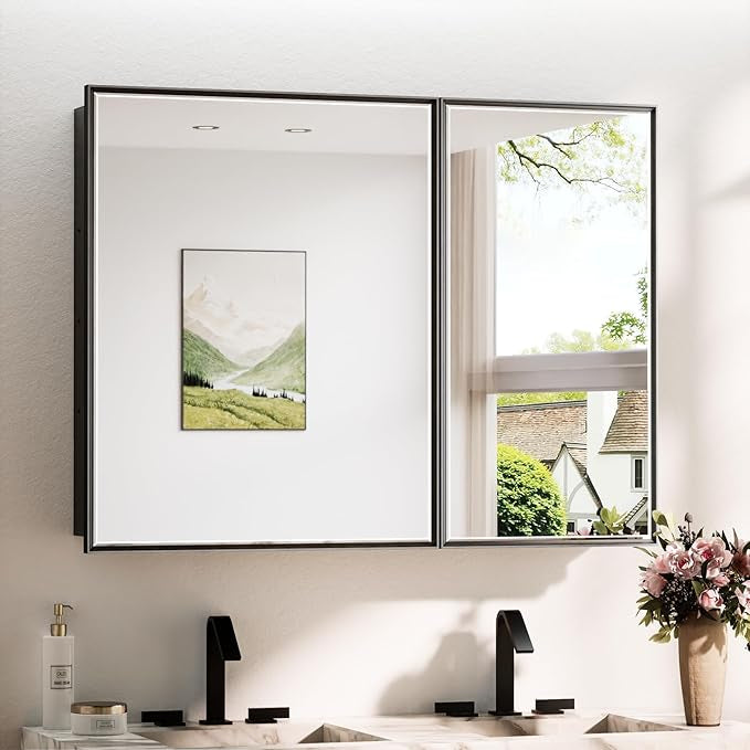 Wall Mounted Medicine Cabinet with Mirror – Aluminum Alloy Framed Bathroom Storage Cabinet with Beveled Mirrored Door, Modern Design for Vanity, Organized and Space-Saving Solution
