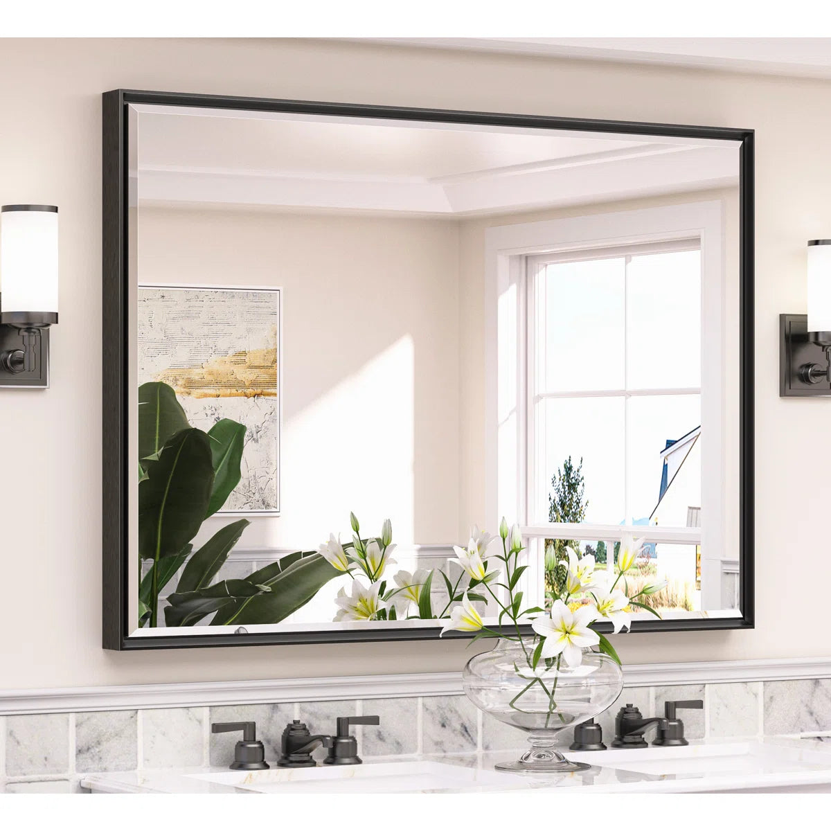 Rectangular Framed Bathroom Vanity Mirror – Beveled Edge Wall Mirror, Elegant and Durable Design for Bathroom, Entryway, or Bedroom Wall Decor