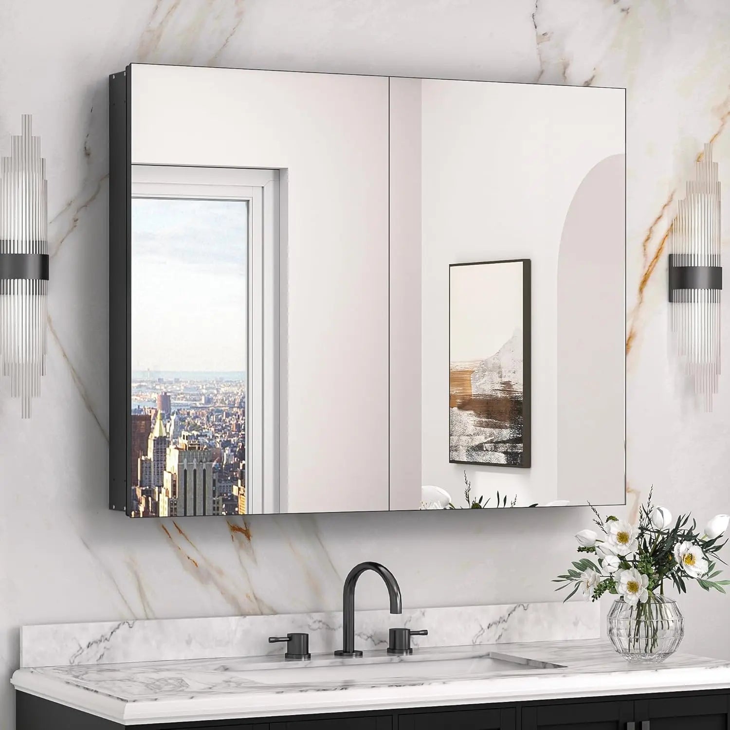 Medicine Cabinet Mirror with Storage – Tempered Glass, Aluminum Frame, Surface Mount or Recessed, Adjustable Shelves – Silver Bathroom Vanity Cabinet for Modern Farmhouse Decor