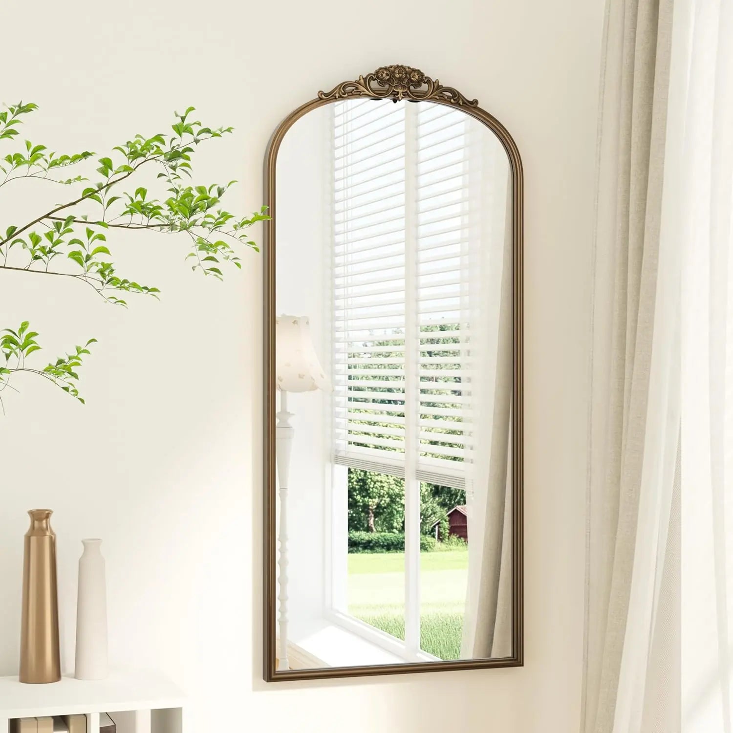 Vintage Arched Mirror – Ornate Baroque Decorative Wall Mirror for Bathroom, Mantle, Entryway, or Living Room, Antique Brass Finish with French Cleat Mounting for Easy Installation