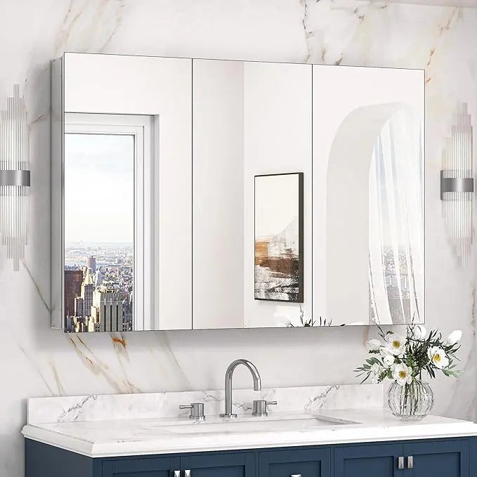 Medicine Cabinet Mirror with Storage – Tempered Glass, Aluminum Frame, Surface Mount or Recessed, Adjustable Shelves – Silver Bathroom Vanity Cabinet for Modern Farmhouse Decor