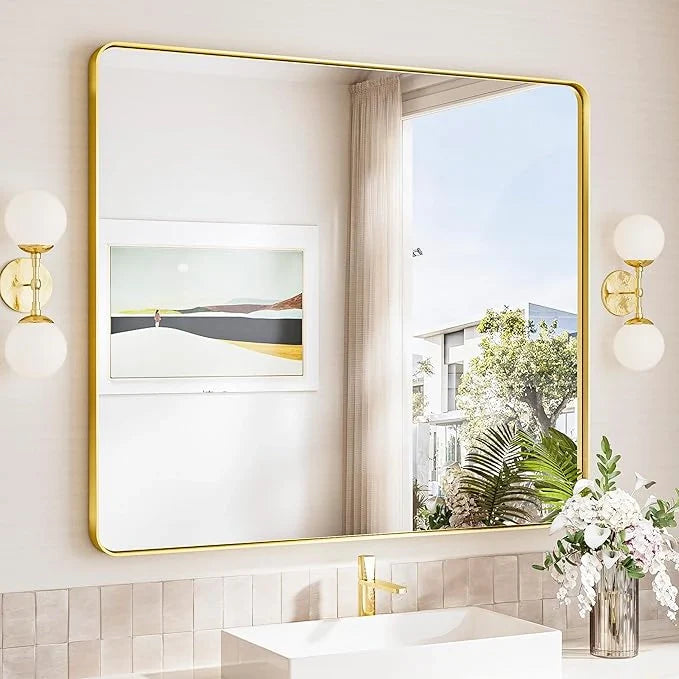 Bathroom Vanity Mirror with Brushed Gold Aluminum Frame – HD Tempered Glass Wall Mirror for Over Sink, Modern Design, Horizontal or Vertical Mount for Bathroom, Entryway, or Bedroom