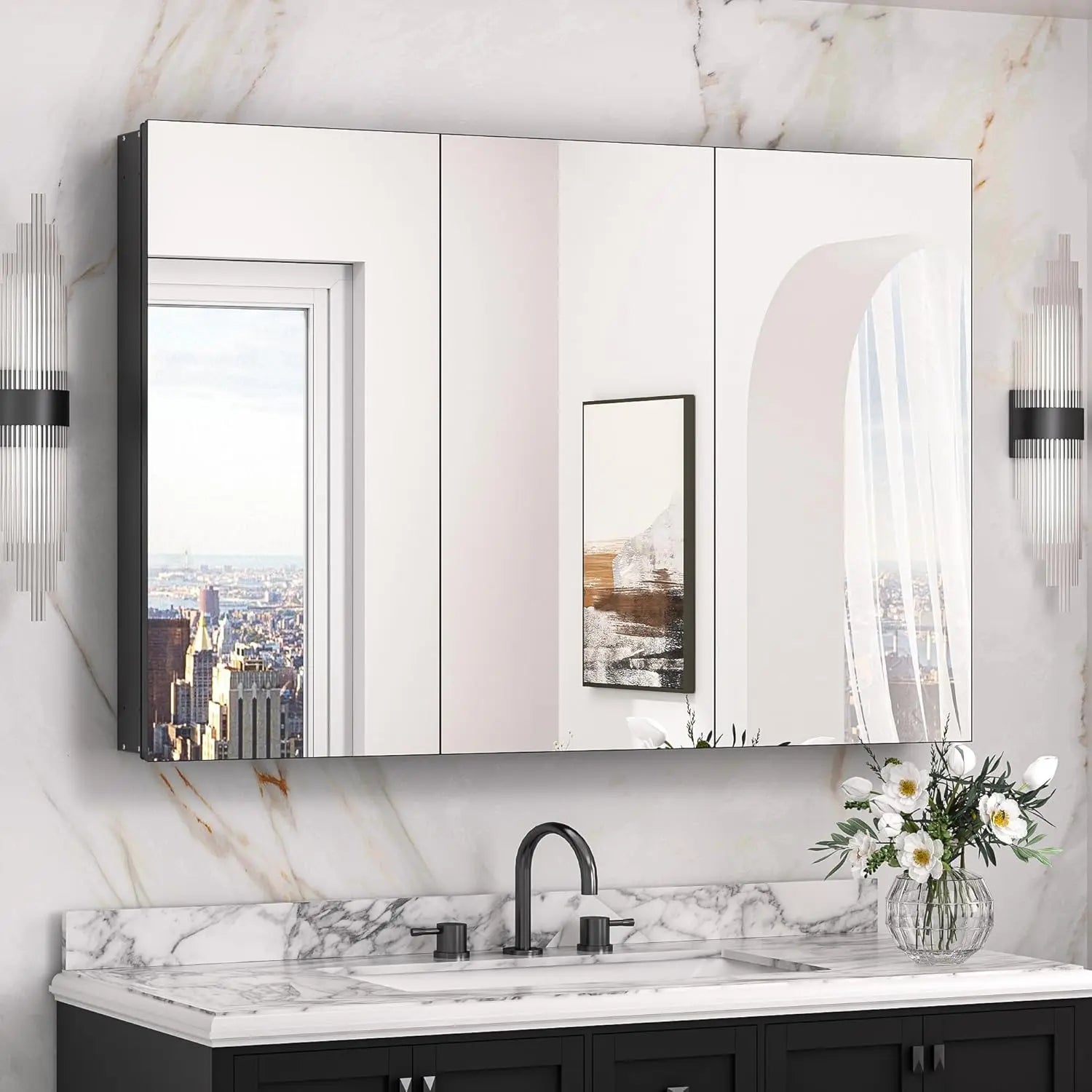 Medicine Cabinet Mirror with Storage – Tempered Glass, Aluminum Frame, Surface Mount or Recessed, Adjustable Shelves – Silver Bathroom Vanity Cabinet for Modern Farmhouse Decor