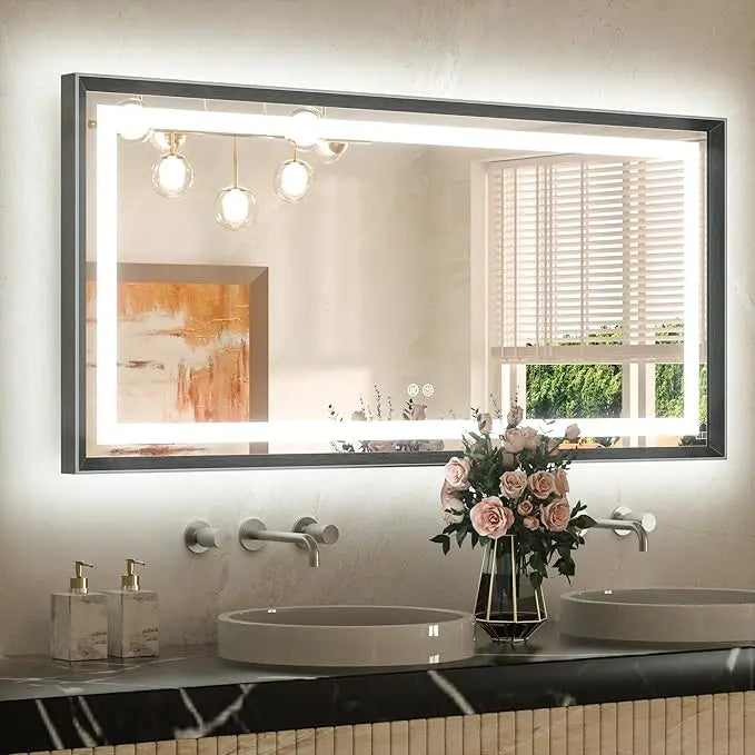 Bathroom Vanity LED Mirror  Frame Frontlit & Backlit Vanity Mirror Anti-Fog Stepless Dimmable 3 Colors White/Warm/Natural Mirror with Lights Wall-Mounted