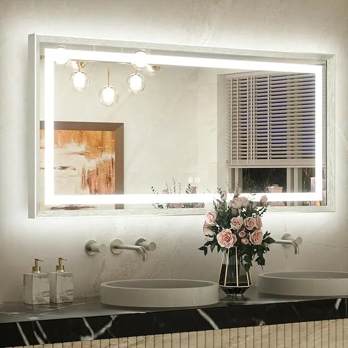Bathroom Vanity LED Mirror  Frame Frontlit & Backlit Vanity Mirror Anti-Fog Stepless Dimmable 3 Colors White/Warm/Natural Mirror with Lights Wall-Mounted