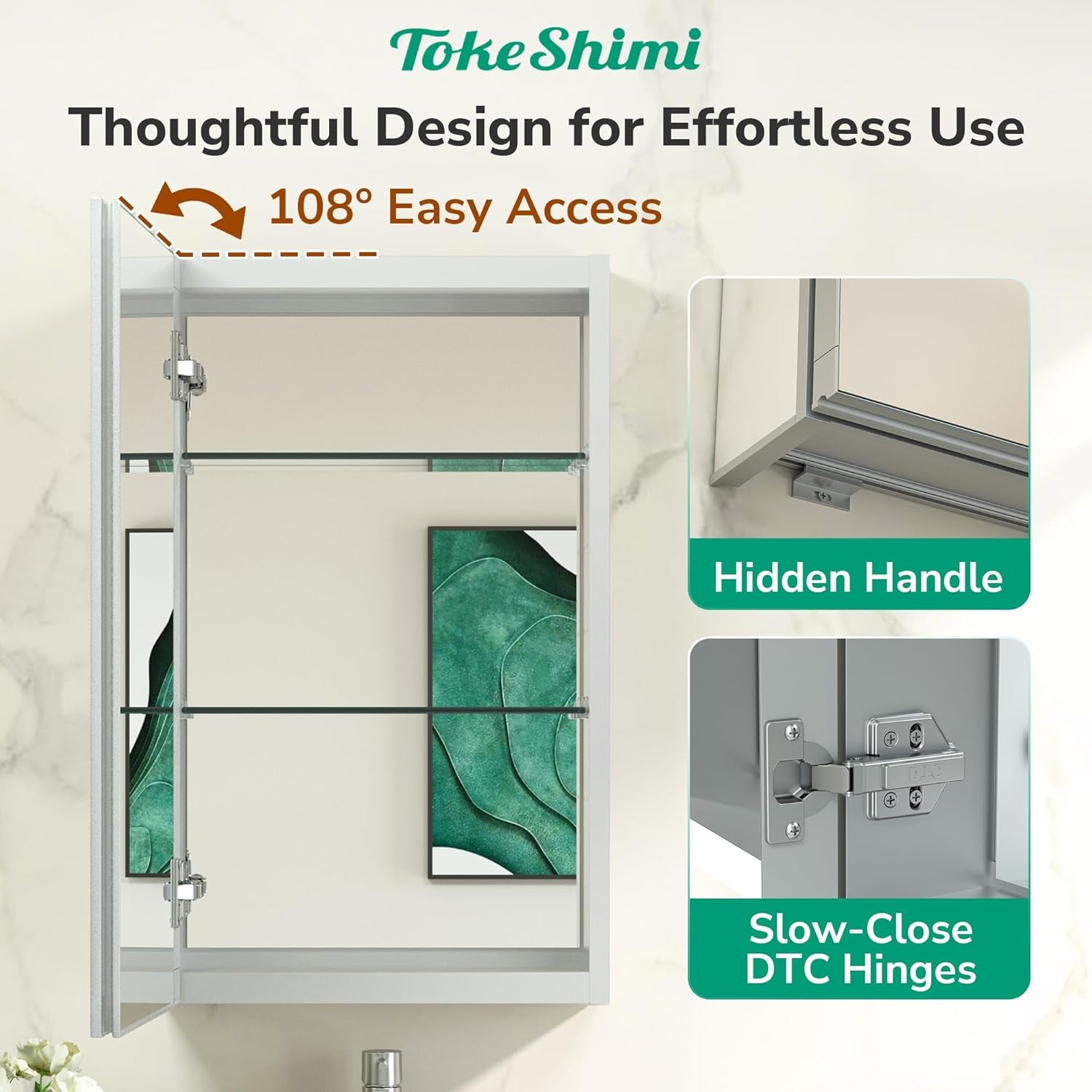 TokeShimi  Aluminum Medicine Cabinet with Mirror | Recessed or Surface Mount | Adjustable Tempered Glass Shelves | Modern Bathroom Storage Cabinet