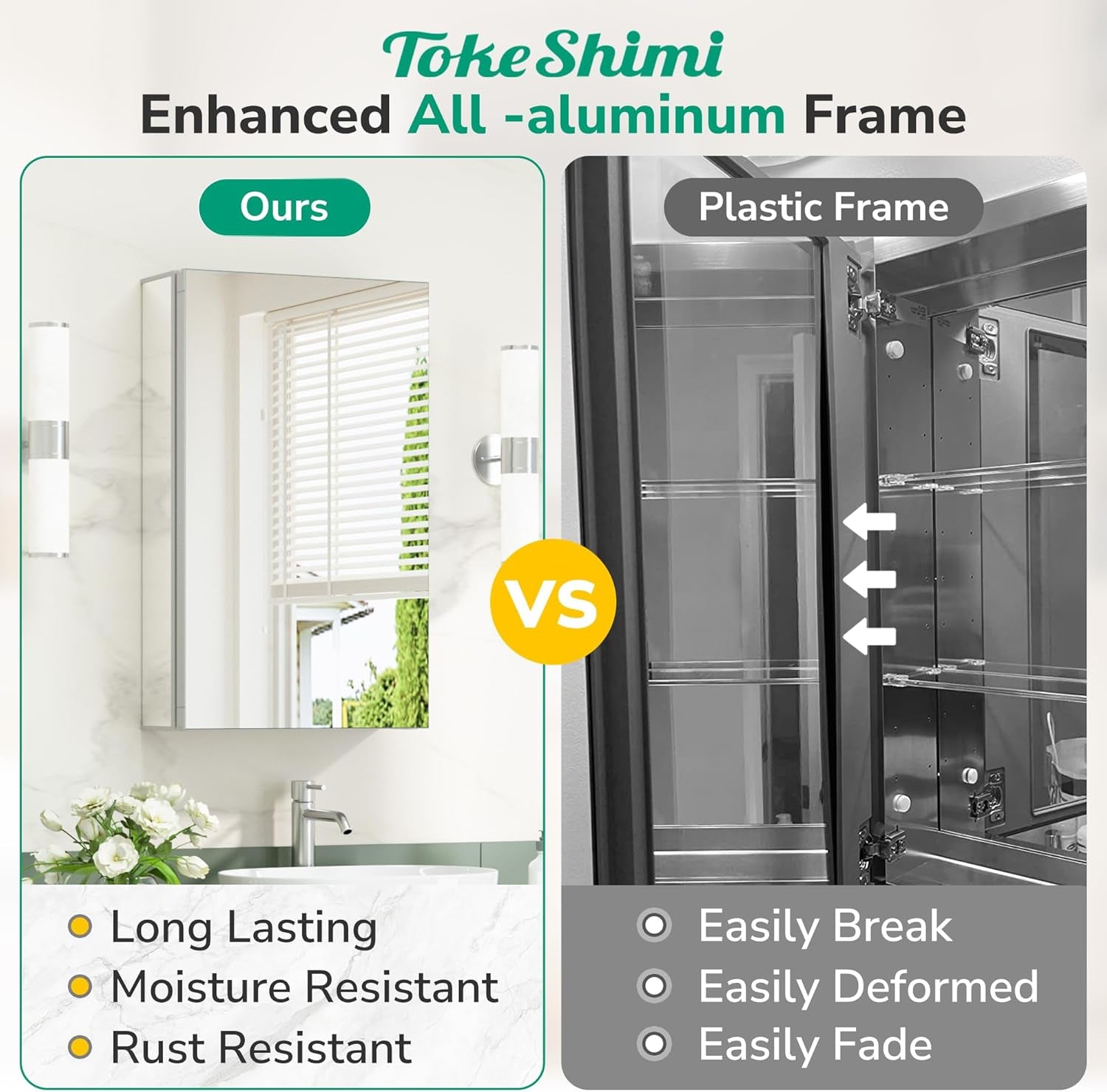 TokeShimi  Aluminum Medicine Cabinet with Mirror | Recessed or Surface Mount | Adjustable Tempered Glass Shelves | Modern Bathroom Storage Cabinet