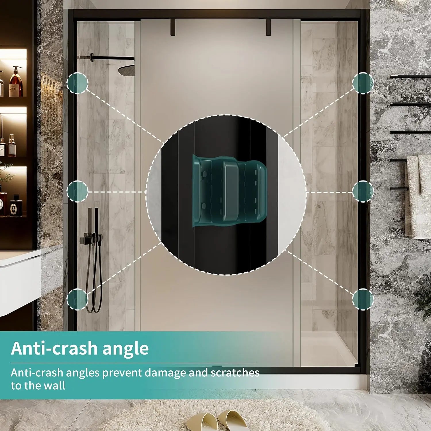 Double Sliding Semi-Frameless Glass Shower Door – Modern Bathroom Entry with Smooth Rollers, Clear Tempered Glass Panels, Reversible Design, Space-Saving and Easy to Install