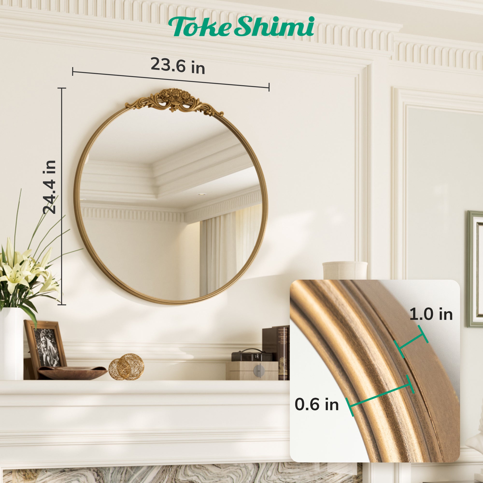 Vintage Gold Round Mirror with Metal Frame – Antique Wall-Mounted Vanity Mirror for Bedroom, Bathroom, or Fireplace, Baroque Style with French Cleat Mounting for Elegant Home Décor