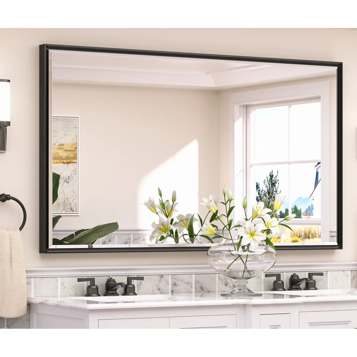 Rectangular Framed Bathroom Vanity Mirror – Beveled Edge Wall Mirror, Elegant and Durable Design for Bathroom, Entryway, or Bedroom Wall Decor