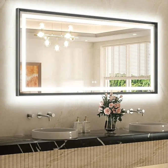 Bathroom Vanity LED Mirror  Frame Frontlit & Backlit Vanity Mirror Anti-Fog Stepless Dimmable 3 Colors White/Warm/Natural Mirror with Lights Wall-Mounted