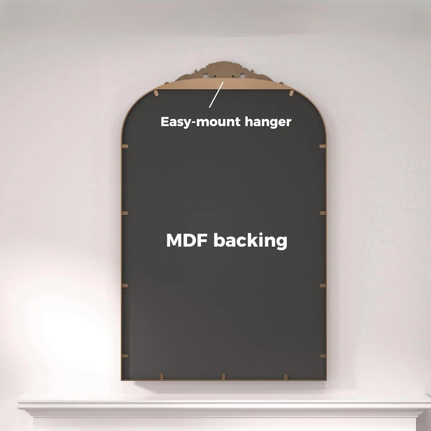 Vintage Arched Mirror – Ornate Baroque Decorative Wall Mirror for Bathroom, Mantle, Entryway, or Living Room, Antique Brass Finish with French Cleat Mounting for Easy Installation