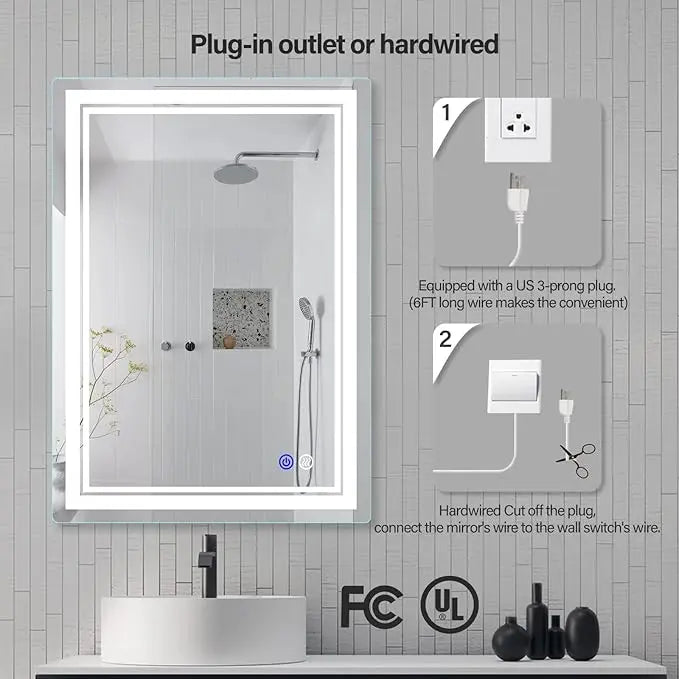 Rectangular Frameless LED Bathroom Vanity Mirror – Wall Mounted, Anti-Fog, Dimmable Bright Light with 3 Color Modes, Modern Lighted Mirror for Stylish and Functional Bathroom Decor