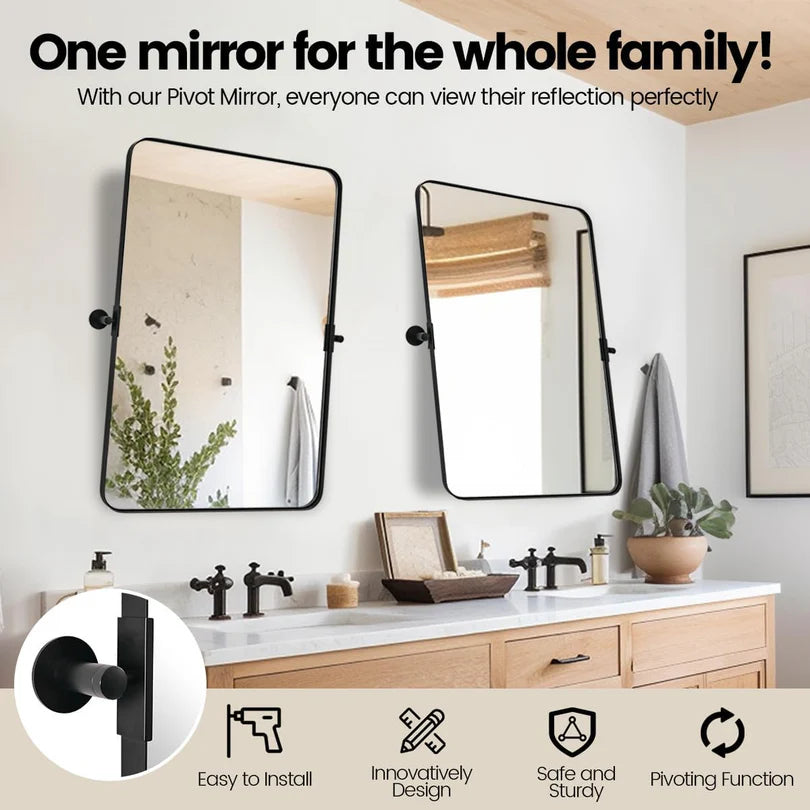 Pivot Rectangular Vanity Mirror – Metal Framed Wall Mirror with Beveled Edges and Rounded Corners, Modern Farmhouse Style, Adjustable Design, Horizontal or Vertical Mount
