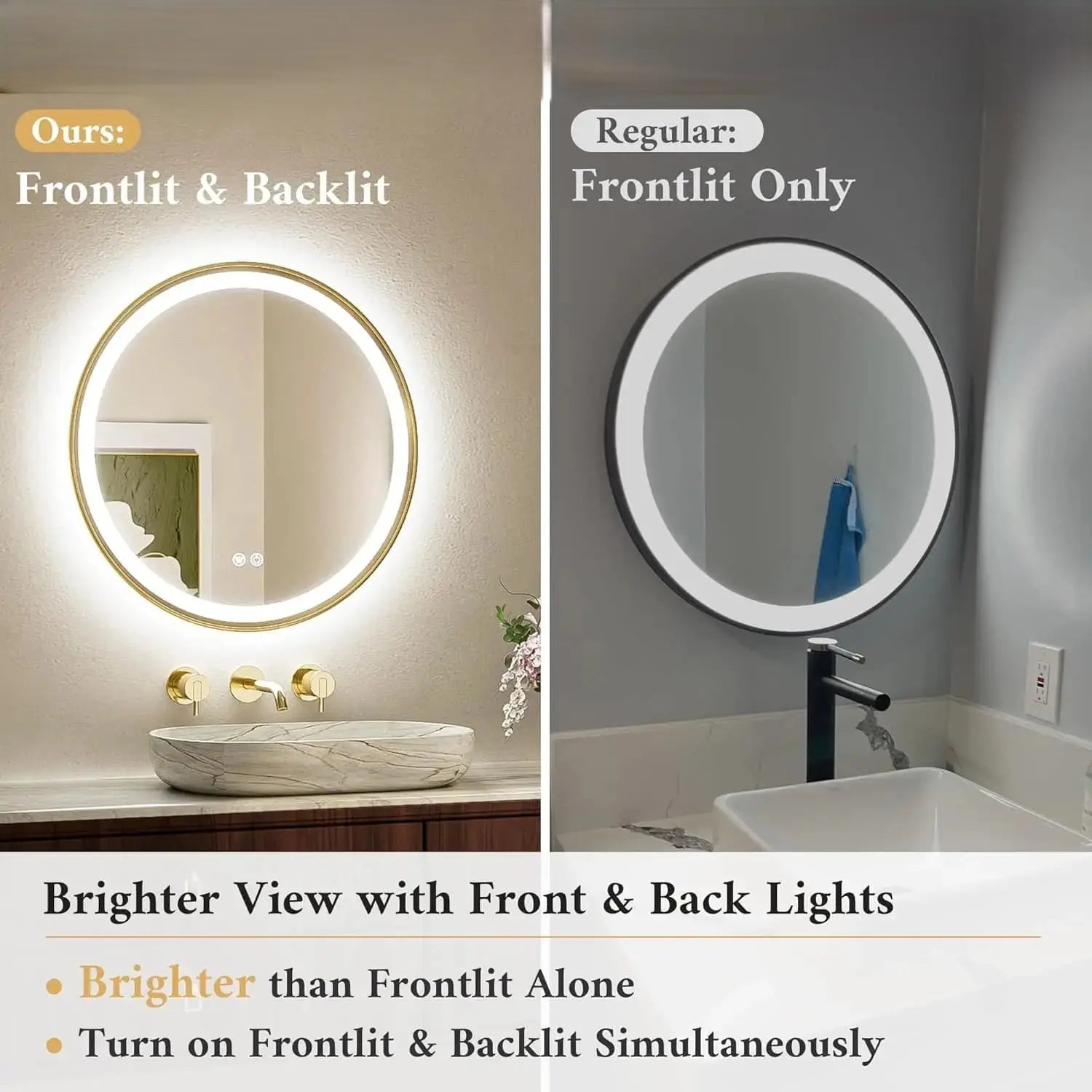 Round LED Mirror, Metal Framed Round Circle Lighted Bathroom Vanity Mirror Wall Mounted, Front and Backlit 3 Color Stepless Dimmable Anti Fog, Shatterproof, CRI 90+
