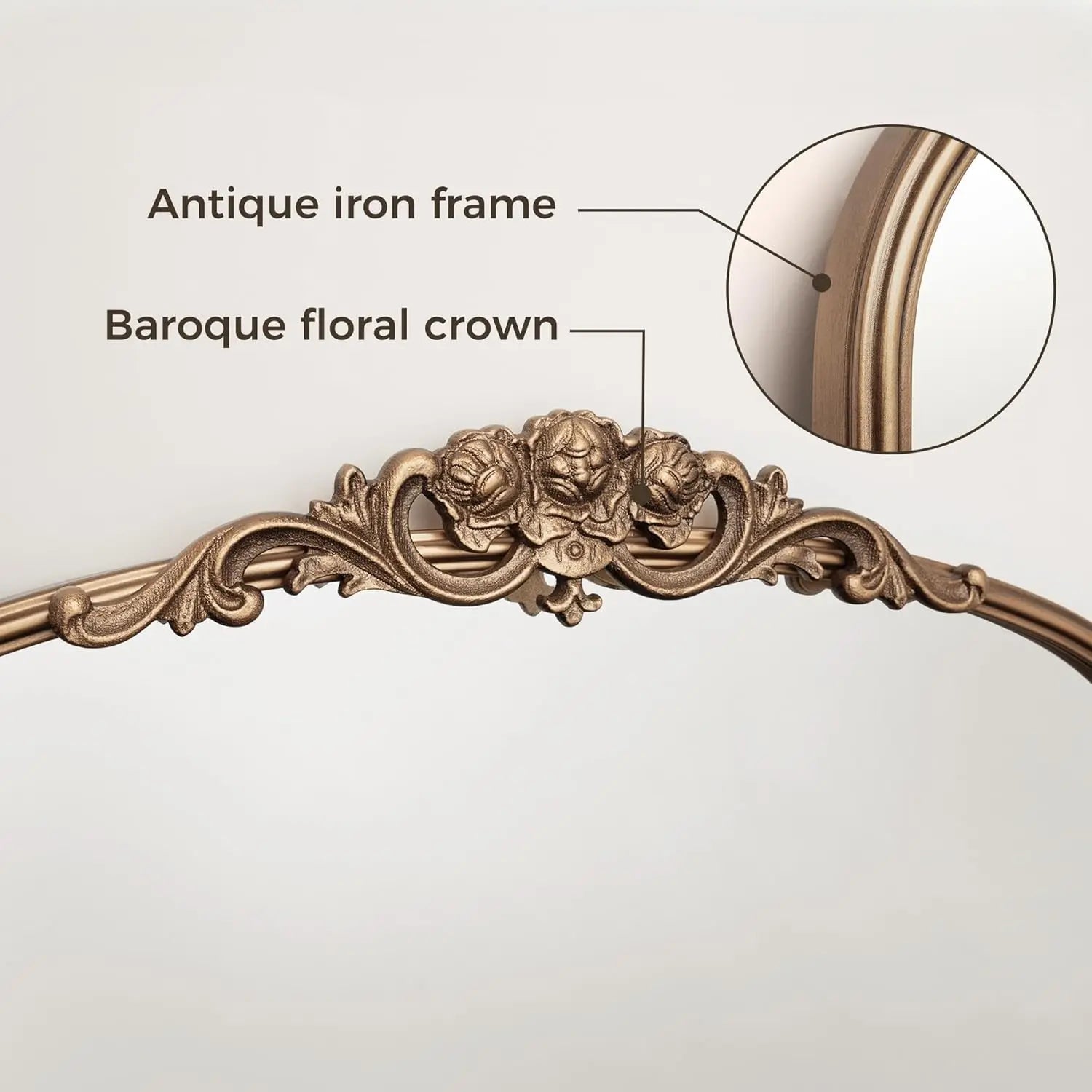 Vintage Arched Mirror – Ornate Baroque Decorative Wall Mirror for Bathroom, Mantle, Entryway, or Living Room, Antique Brass Finish with French Cleat Mounting for Easy Installation