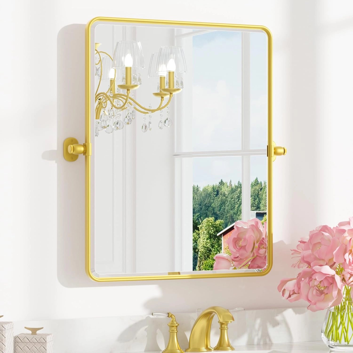 Pivot Rectangular Vanity Mirror – Metal Framed Wall Mirror with Beveled Edges and Rounded Corners, Modern Farmhouse Style, Adjustable Design, Horizontal or Vertical Mount